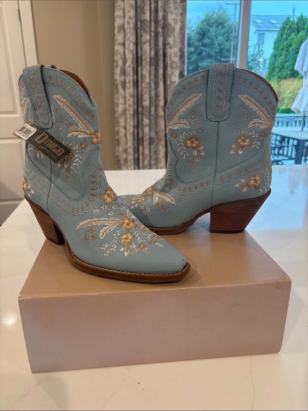 dingo Light Blue Floral Embroidered Western Ankle Boots
